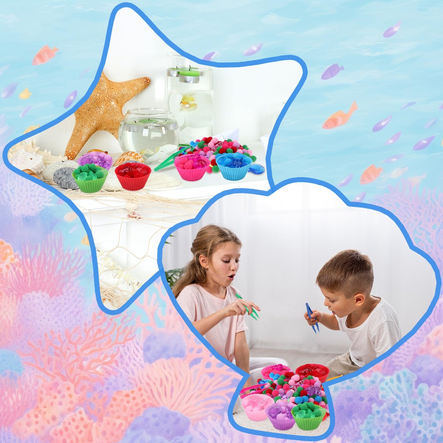 355 Pcs Summer Beach Sensory Bin Filler Fine Motor Toys Counting Sorting 200 Felt Toys 140 Resin Beach Creatures 8 Tweezers 6 Si