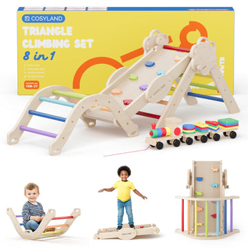 Cosyland Pikler Triangle Set - 8 In 1 Montessori Climbing Toys For Toddlers 18M-3Y, Foldable Wooden Indoor Jungle Gym & Playgrou