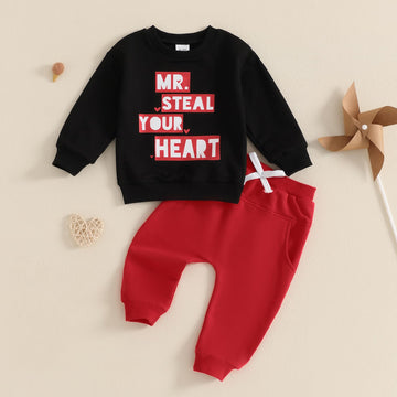 Baby Boy Fall Clothes Set Long Sleeve Letter Print Sweatshirt Pants Valentines Day Outfits 6 12 18 24 Months 2T (Heart Black, 18