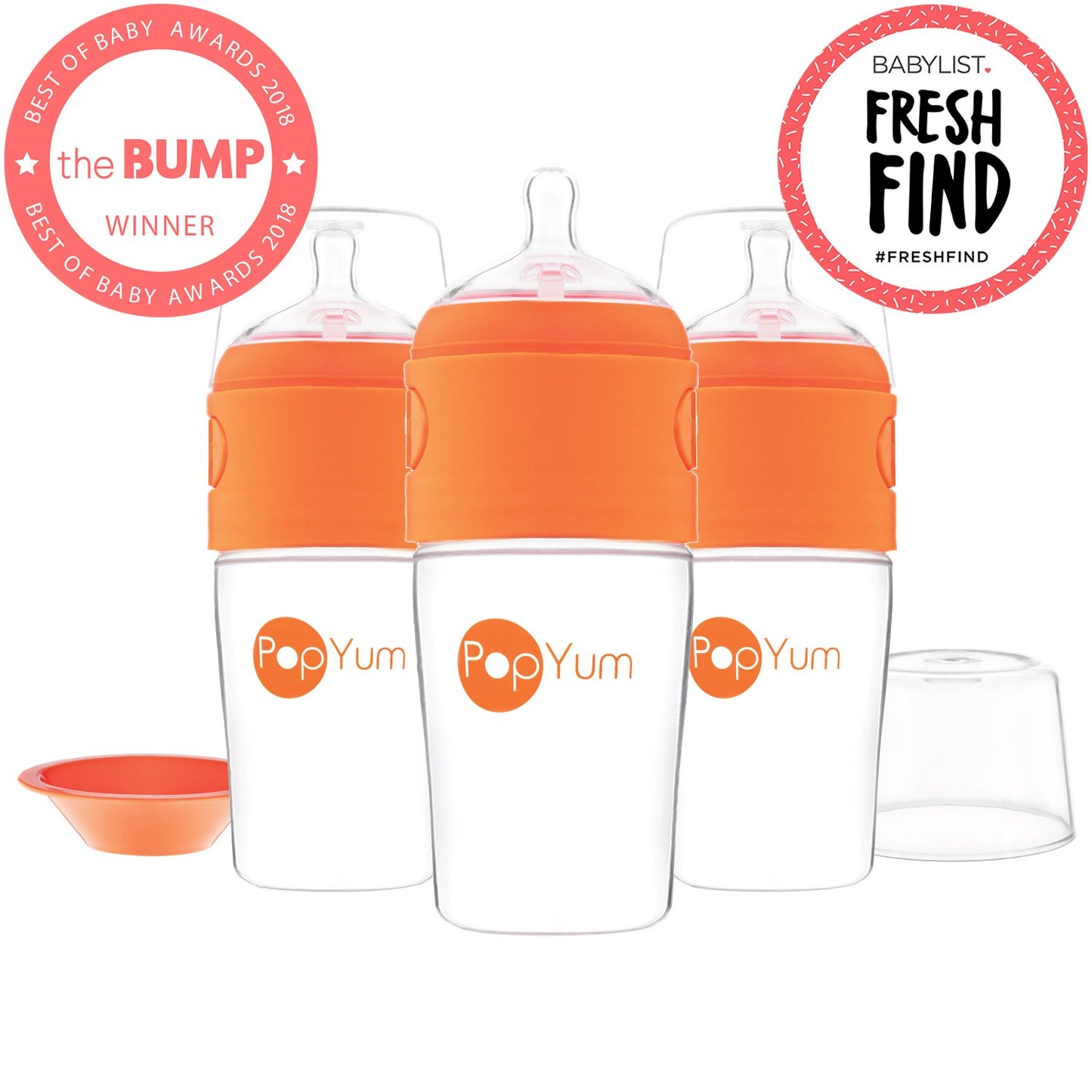 Popyum 9 Oz Orange Anti-Colic Formula Making/Mixing/Dispenser Baby Bottles, 3-Pack (With #2 Nipples)
