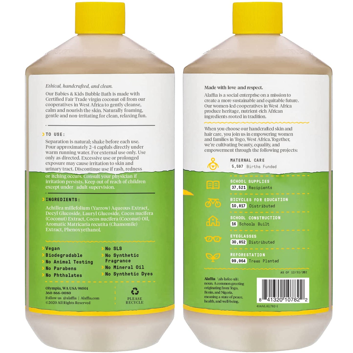 Alaffia Babies & Kids Bubble Bath, Coconut Chamomile, Pump Included - Gentle Cleanser With Raw Shea Butter And Yarrow, 32 Fl Oz