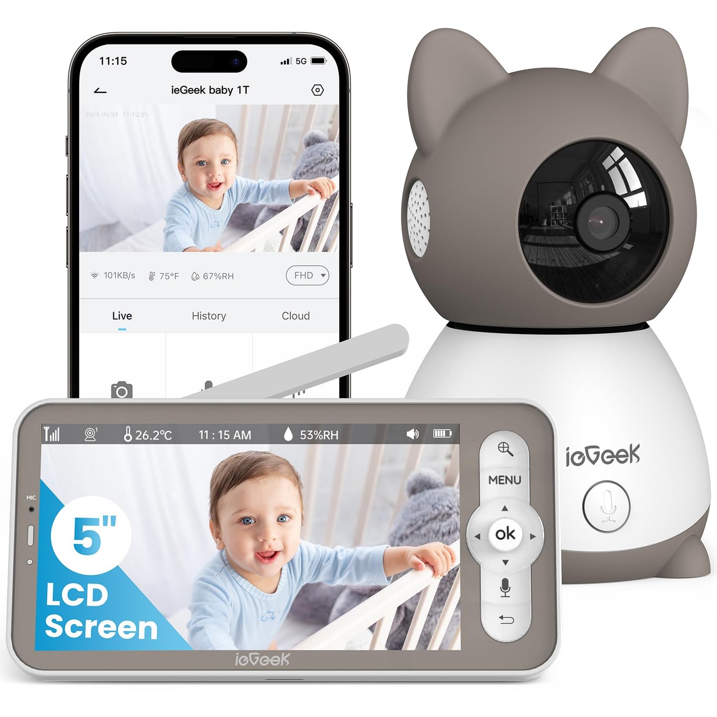 Iegeek Baby Monitor With 2K Camera And Audio - Video Monitor With 5' Screen - Night Vision, Two-Way Talk, Cry & Motion Detectio