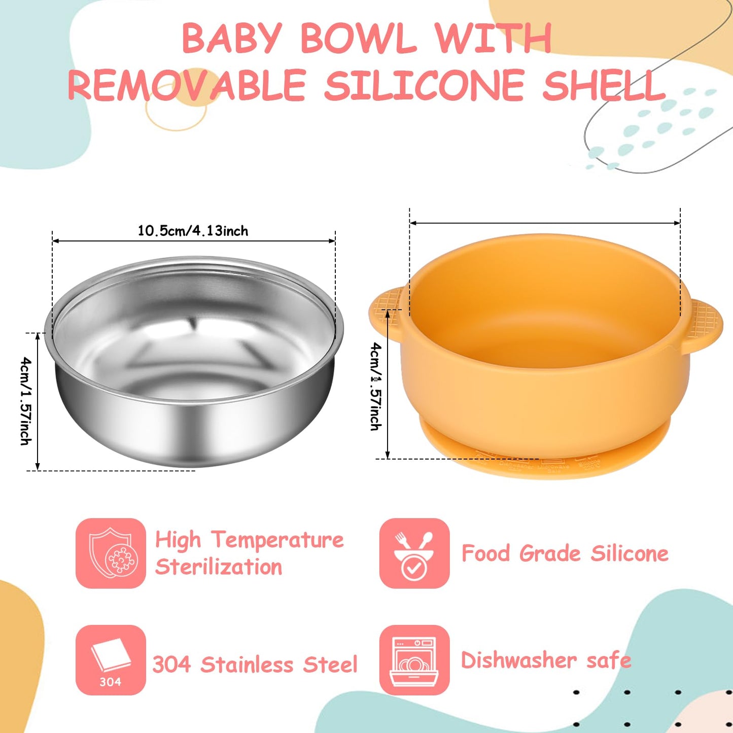 6 Pack 304 Stainless Steel Baby Bowls With Removable Non-Slip Silicone Shell, Suction Bowls For Baby, Scald-Resistant Food Conta