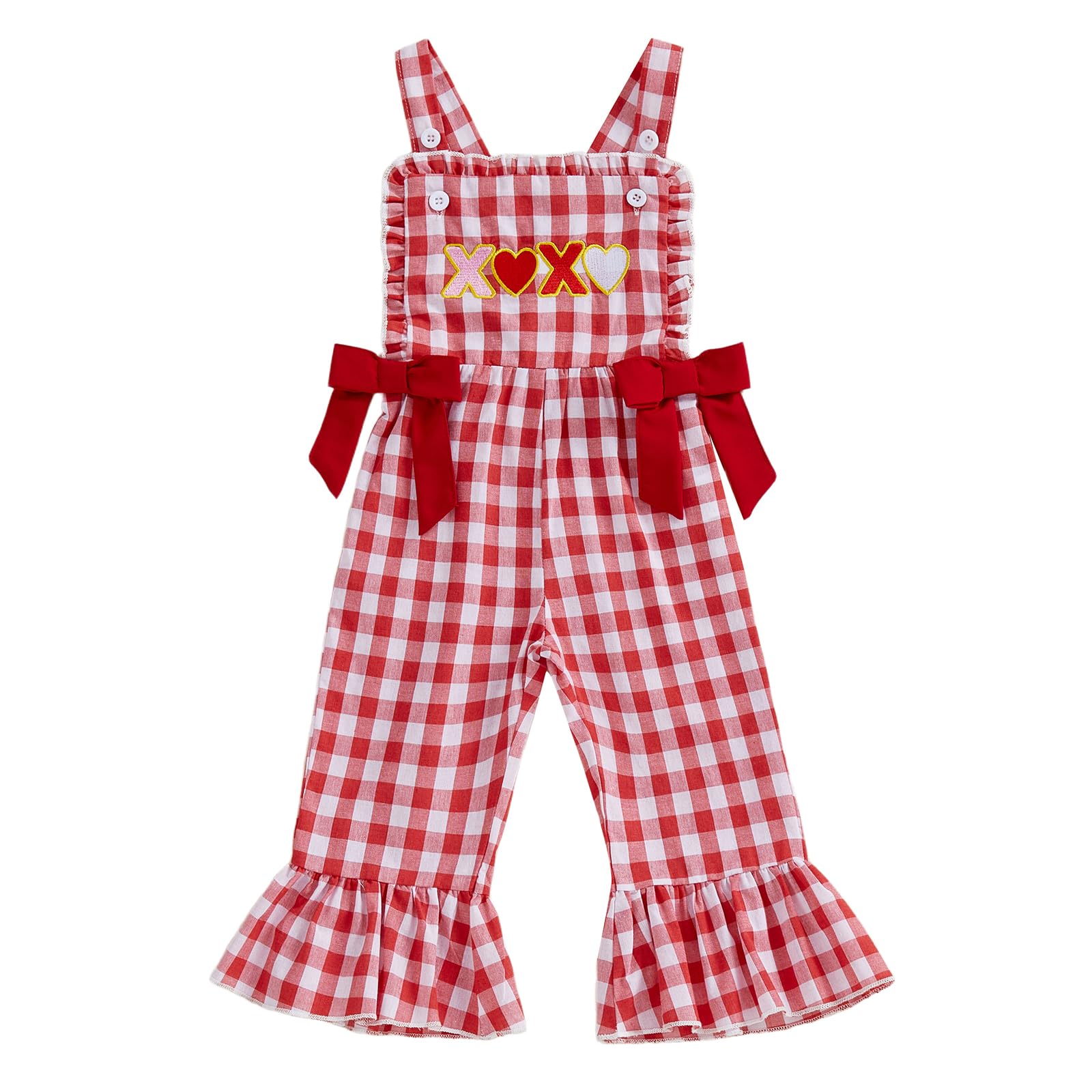 Mieeyali Girls Valentines Day Outfit Overalls Heart Romper Be Mine Love Bell Bottoms Suspender Jumpsuit (Red Q, 12-18 Months)
