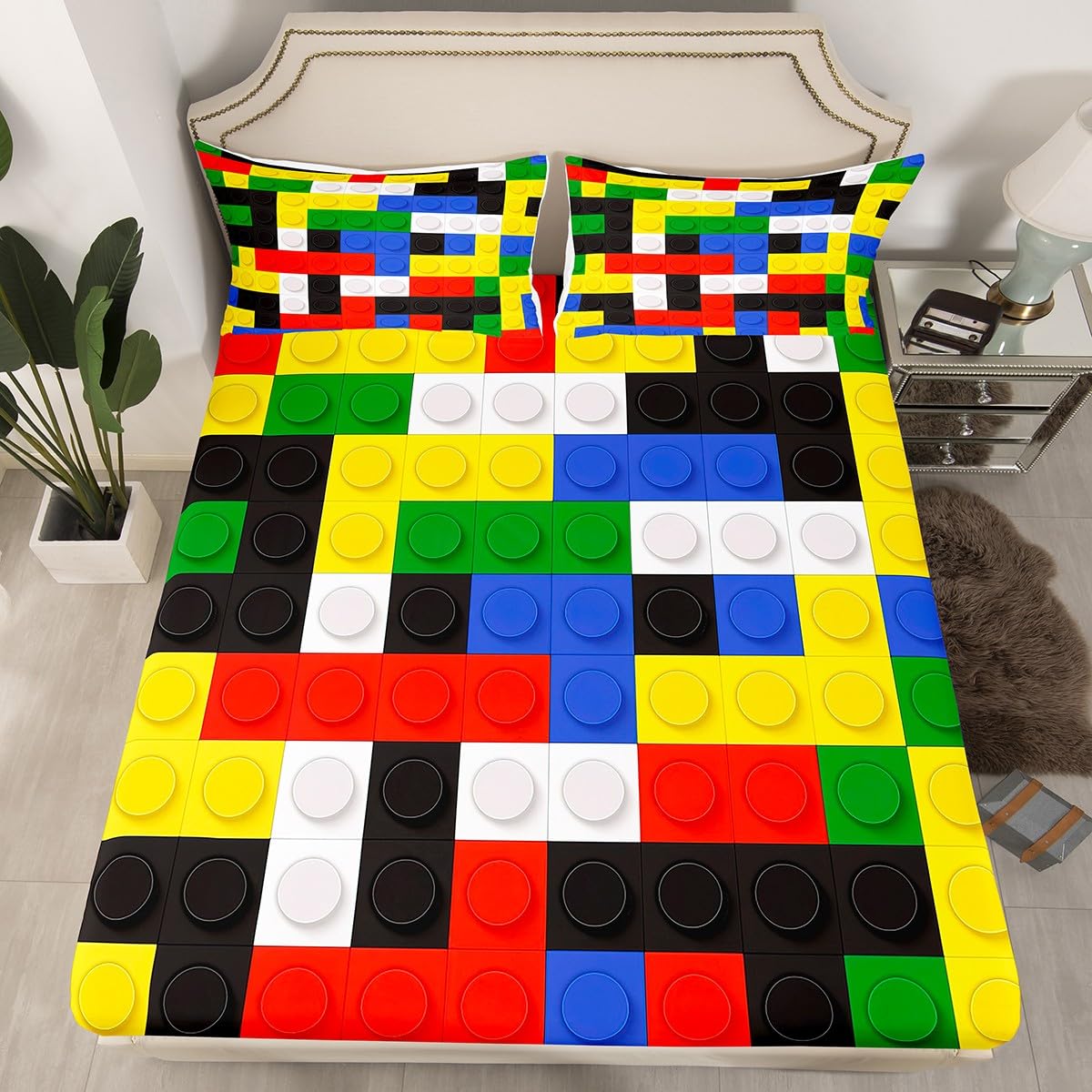 Feelyou Building Blocks Fitted Sheet Twin Size Kids Toy Brick Bedding Set for Boys Teens Colorful Games Bed Sheet Set Breathable