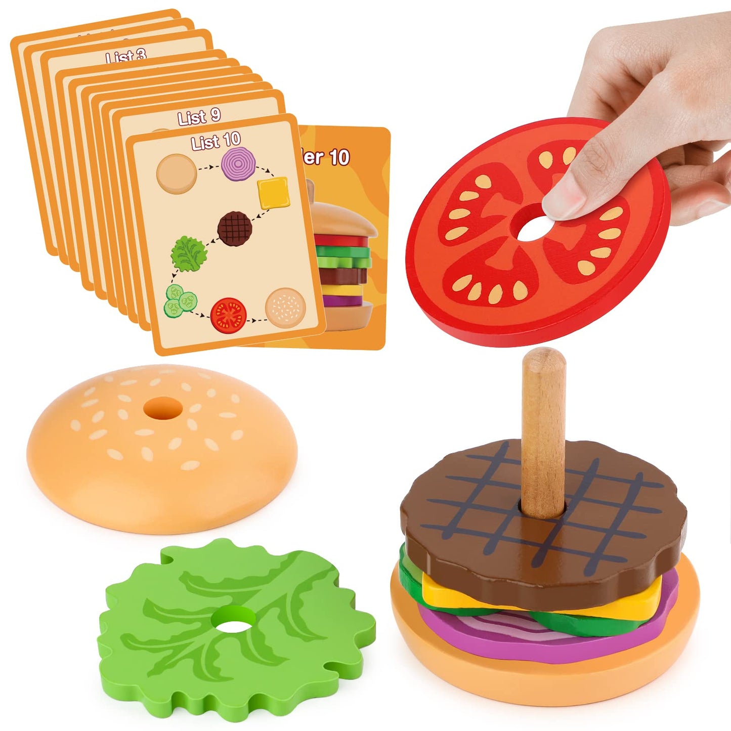 Aizweb Montessori, Stacking Toys- Wooden Burger for 3 Year Old Toddlers and Kids Preschool, Fine Motor Skill Educational Learnin