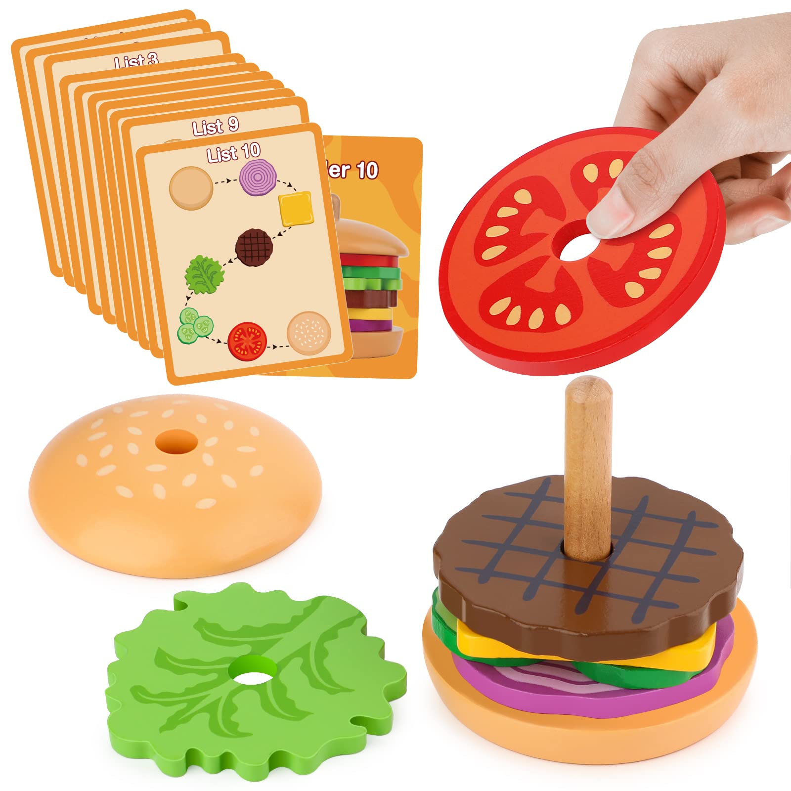 Aizweb Montessori, Stacking Toys- Wooden Burger for 3 Year Old Toddlers and Kids Preschool, Fine Motor Skill Educational Learnin