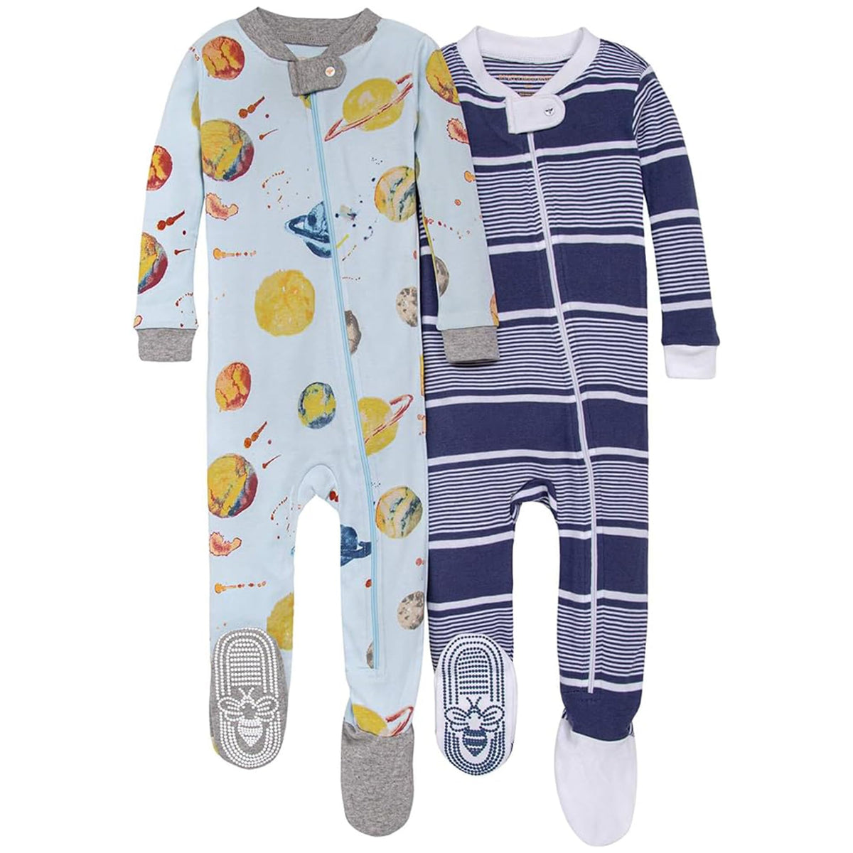 Burts Bees Baby baby boys Pajamas, Zipfront Nonslip Footed Pjs, Organic Cotton and Toddler Sleepers, Midnight Stripe, 12 Mont