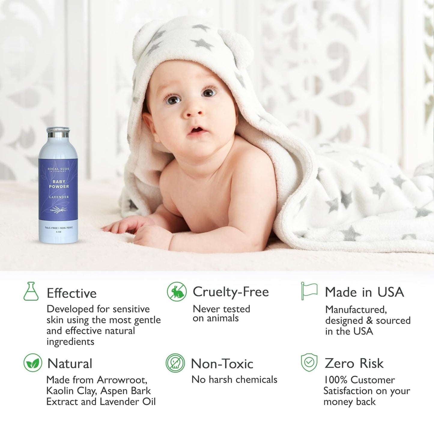 Socal Suds & Company - Natural Baby Powder Talc-Free - With Arrowroot Powder, Kaolin, Aspen Bark Extract For Soft Soothing Prote