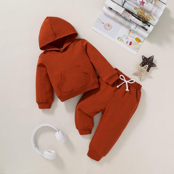 Happy Town Toddler Fall Outfits For Girl Boy Long Sleeve Hoodie Top And Long Sweatpants Set Toddler Sweatsuit (Solid Color-Brown