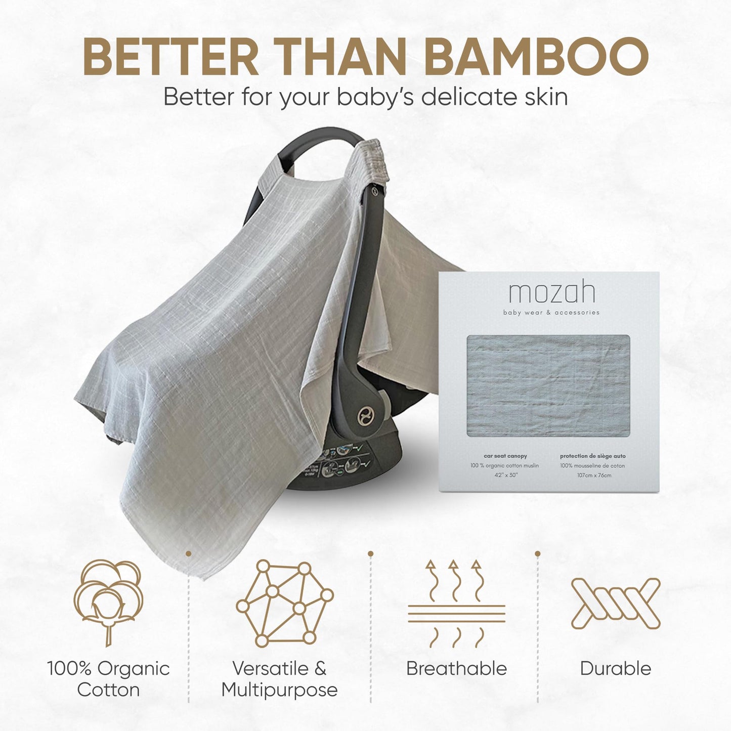 Mozah 100% Organic Muslin Car Seat Covers For Babies Baby Car Seat Covers For Girls (Belgian Grey)