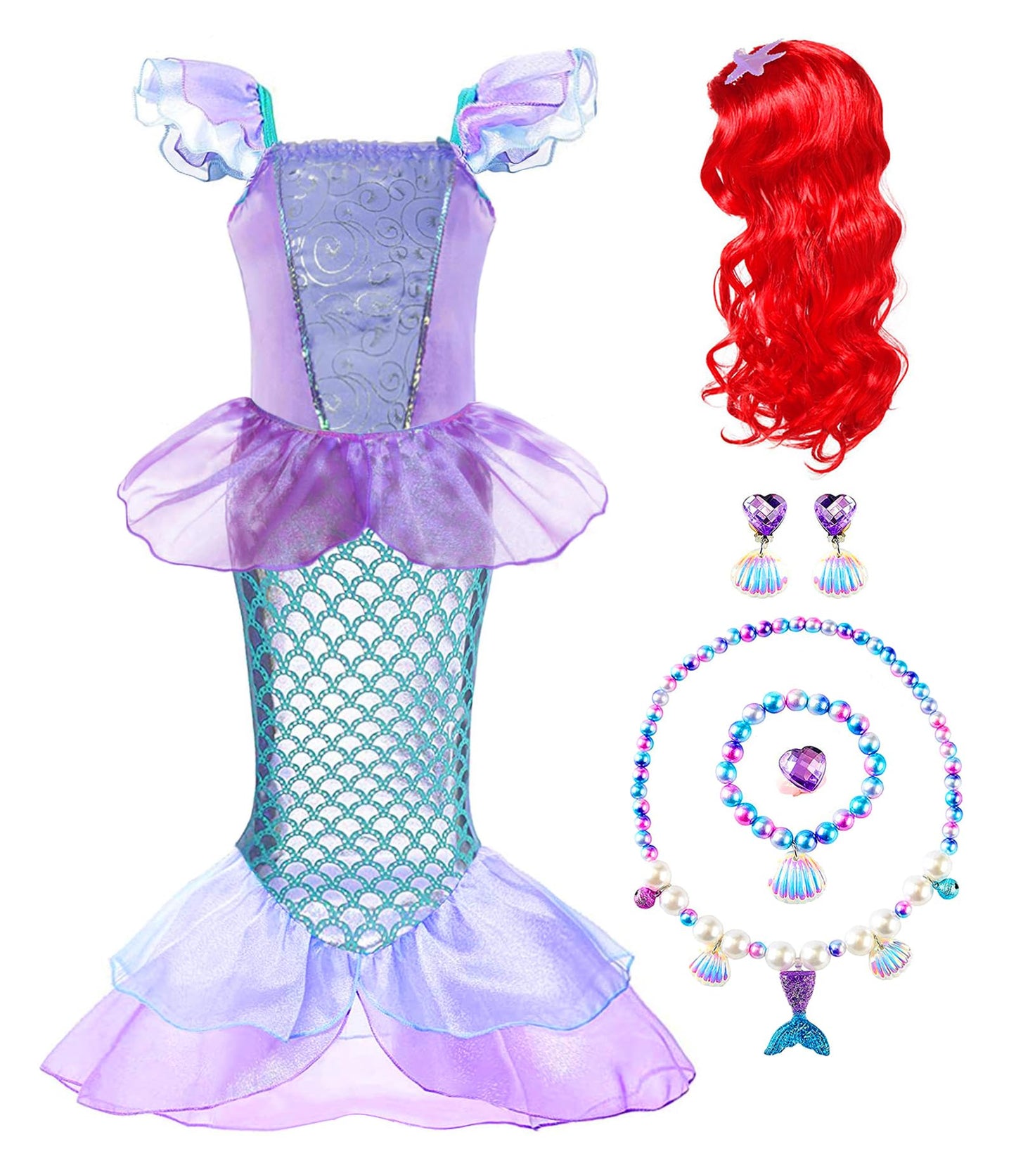Ruuyiicoco Princess Mermaid Costume For Girls Party Dress Up With Wig Crown Jewelry (6-7 Years, Purple)