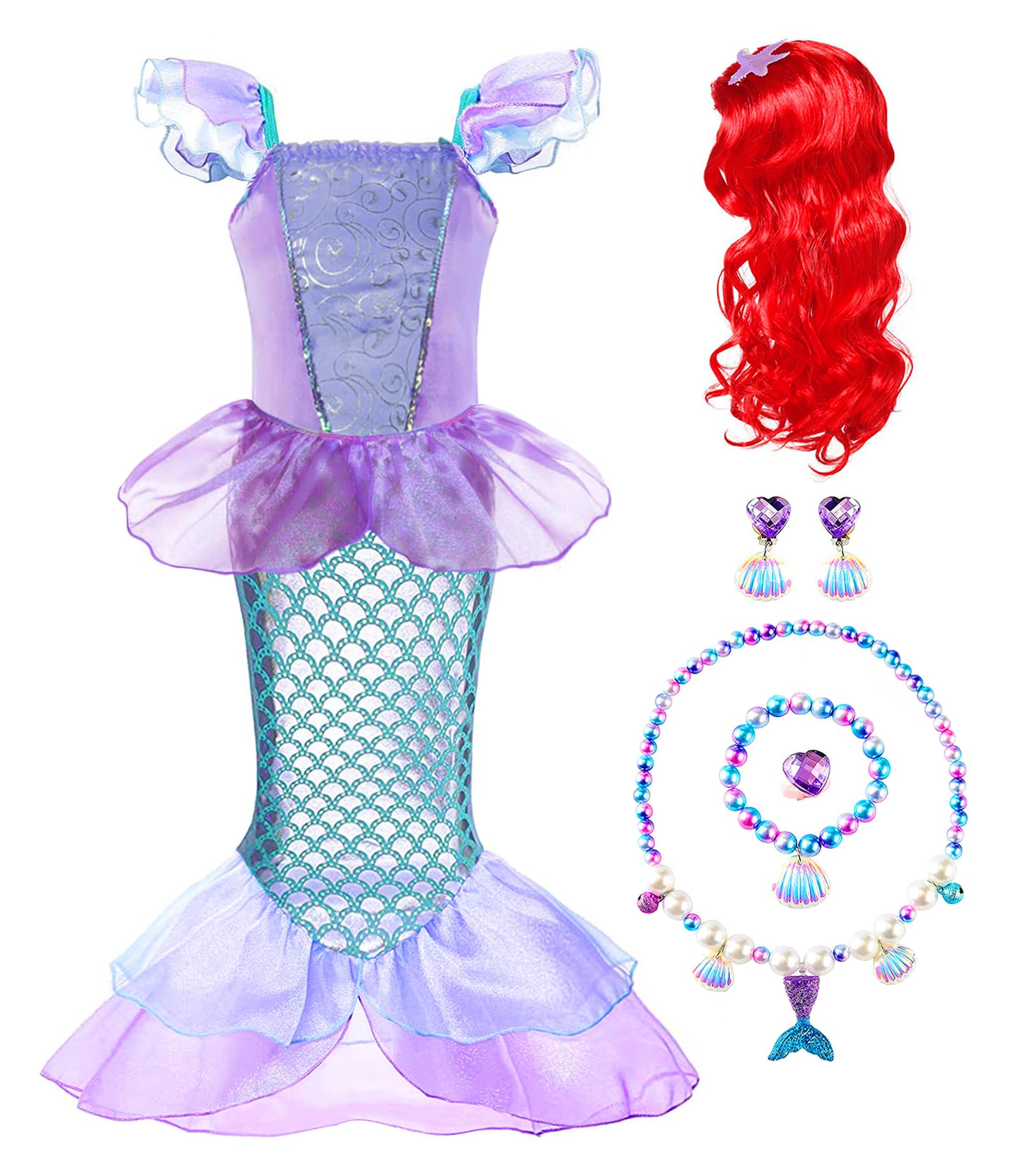 Ruuyiicoco Princess Mermaid Costume For Girls Party Dress Up With Wig Crown Jewelry (6-7 Years, Purple)