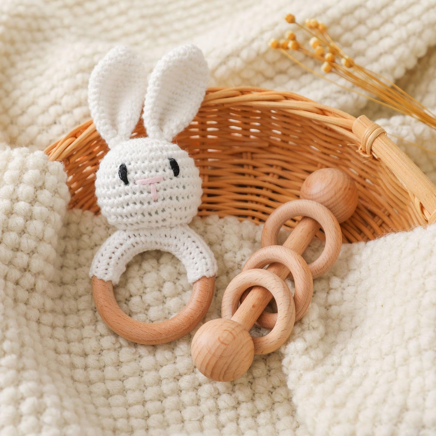 Wooden Baby Rattle, Crochet White Bunny Rattle and Wood Rattle Set, Newborn Wooden Animal Rattle Toy, Baby Wooden Rattle Toy 2PC