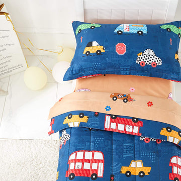 Boys Toddler Bedding Set Navy With Colorful Cars Includes 1 Boys Comforter, Flat Sheet, Fitted Sheet And Pillowcase