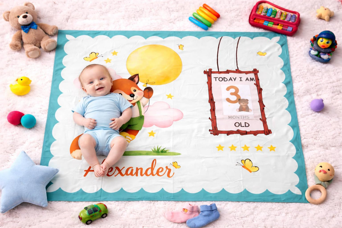 Growth Keepsake Baby Blanket 51 * 43 Inch Fox Theme Custom Name Newborn Monthly Age Marker Blanket Cute Fox Print Background Sof