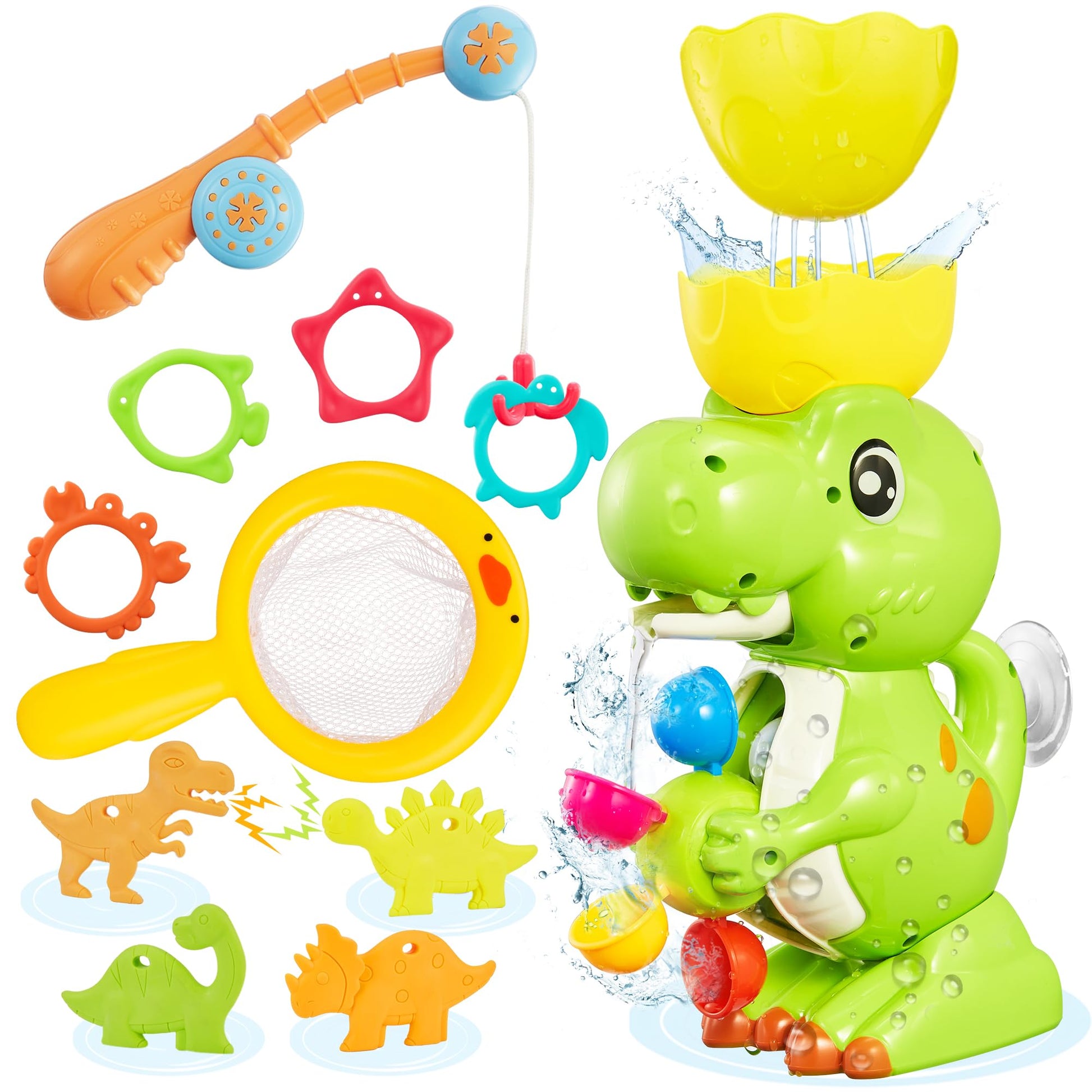 EKUEASYKU Dinosaur Bath Toys for Kids Ages 1-3 2-4 4-8 Toddler Bath Toys Whirling Waterfall Water Toys Fishing Games Bathtub Bat