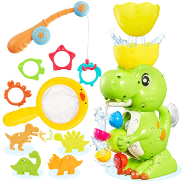 EKUEASYKU Dinosaur Bath Toys for Kids Ages 1-3 2-4 4-8 Toddler Bath Toys Whirling Waterfall Water Toys Fishing Games Bathtub Bat