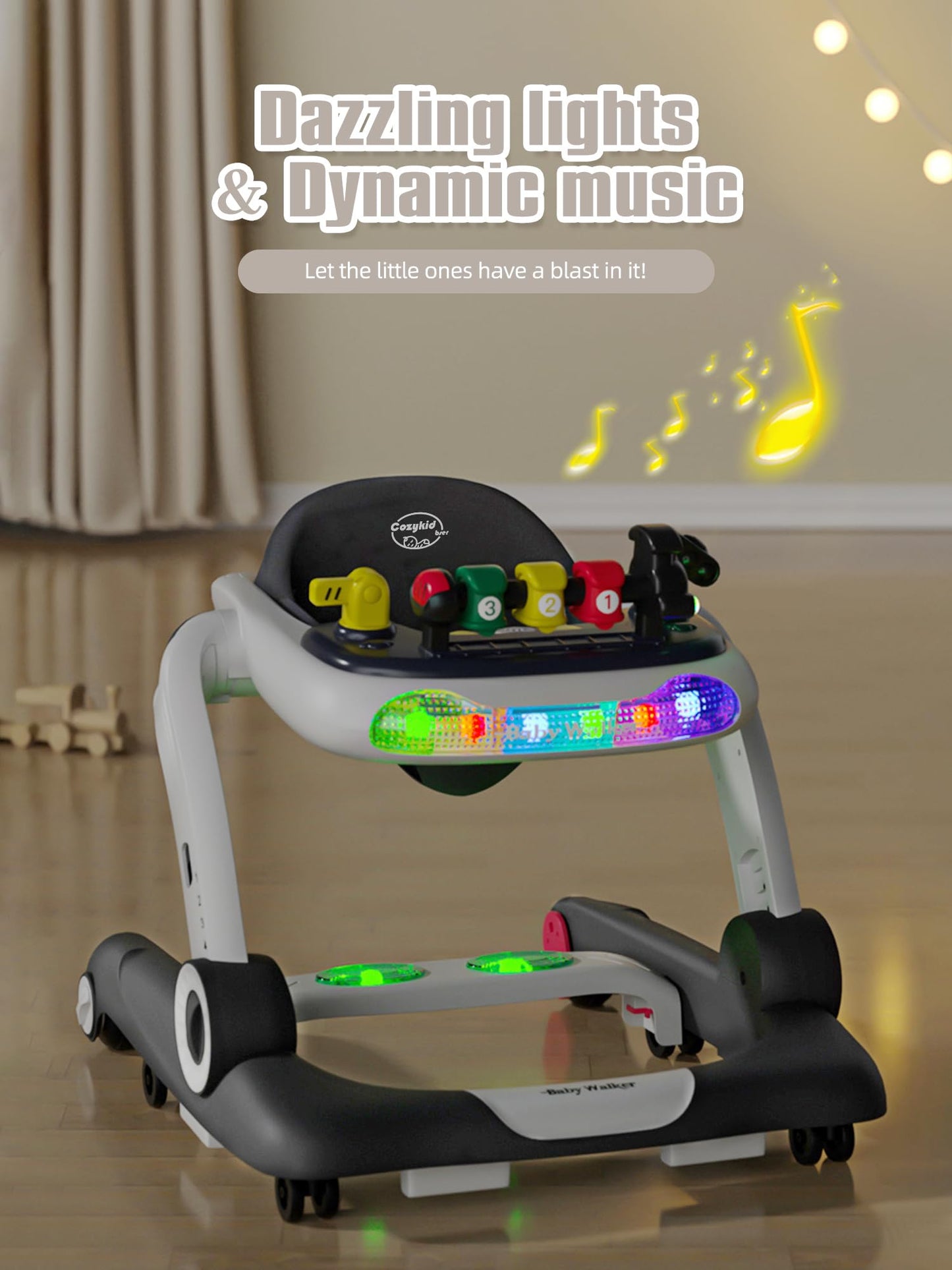 Music And Lights Baby Walker With Wheels, 6 In 1 Baby Activity Center W/Ergonomic Backrest Design, Baby Walkers For Boys W/Foot
