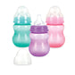 Nuby Wide Neck Non-Drip Bottle - Baby Bottles With Anti-Colic Vari-Flo Valve - (3-Pack) 8 Oz - 0+ Months - Aqua, Pink, Purple