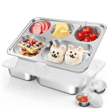 Bakpoco Stainless Steel Divided Plate For Kids Toddler, Non Toxic Portion Control Plate Dinner Plate With Lid For Adults Weight
