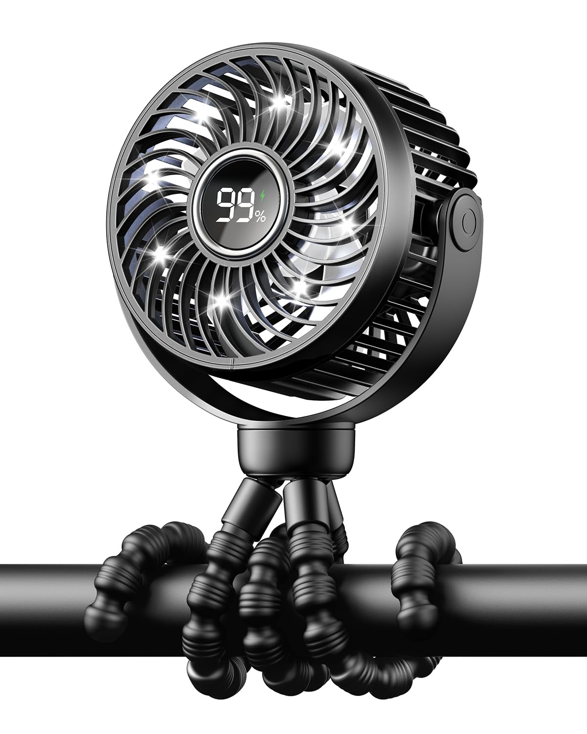Bearwind Mini Portable Stroller Fan for Travel,360 Rotation,4-Speed LED Night Light Clip on Fans Operated by Rechargeable Batter