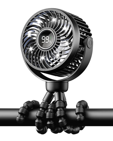 Bearwind Mini Portable Stroller Fan for Travel,360 Rotation,4-Speed LED Night Light Clip on Fans Operated by Rechargeable Batter