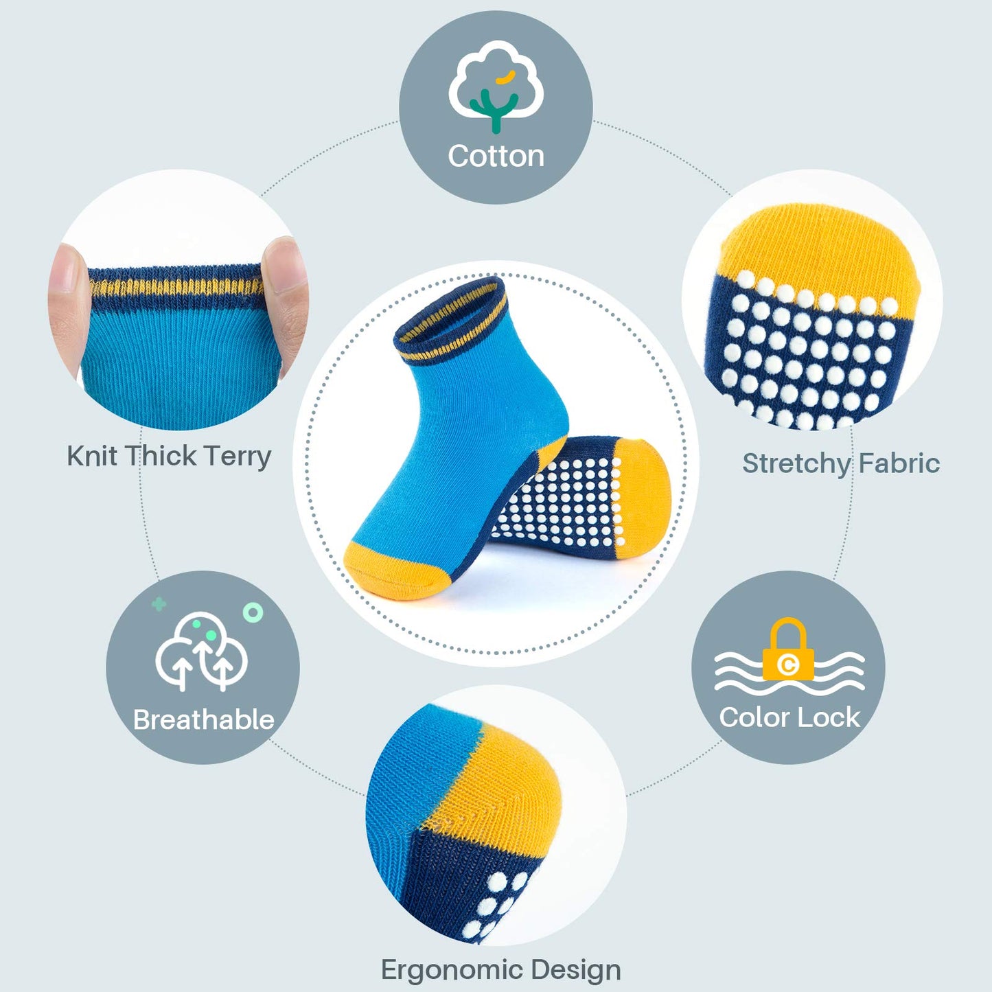 Jakidar 12 Pairs Baby Socks Cotton Crew Toddler Socks Grips Non Slip Bottom Kids Socks, Blue Green Brown 4-7T