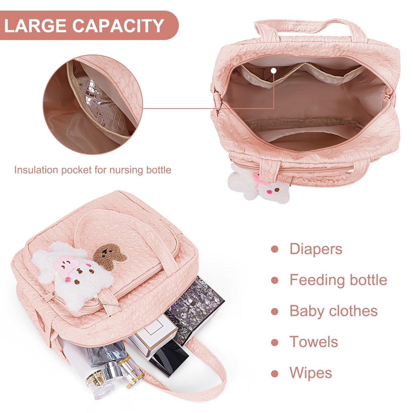 Lushandy Baby Diaper Tote, Mommy Bag - Cute Nappy Crossbody Travel Tote With Multifunction Storage