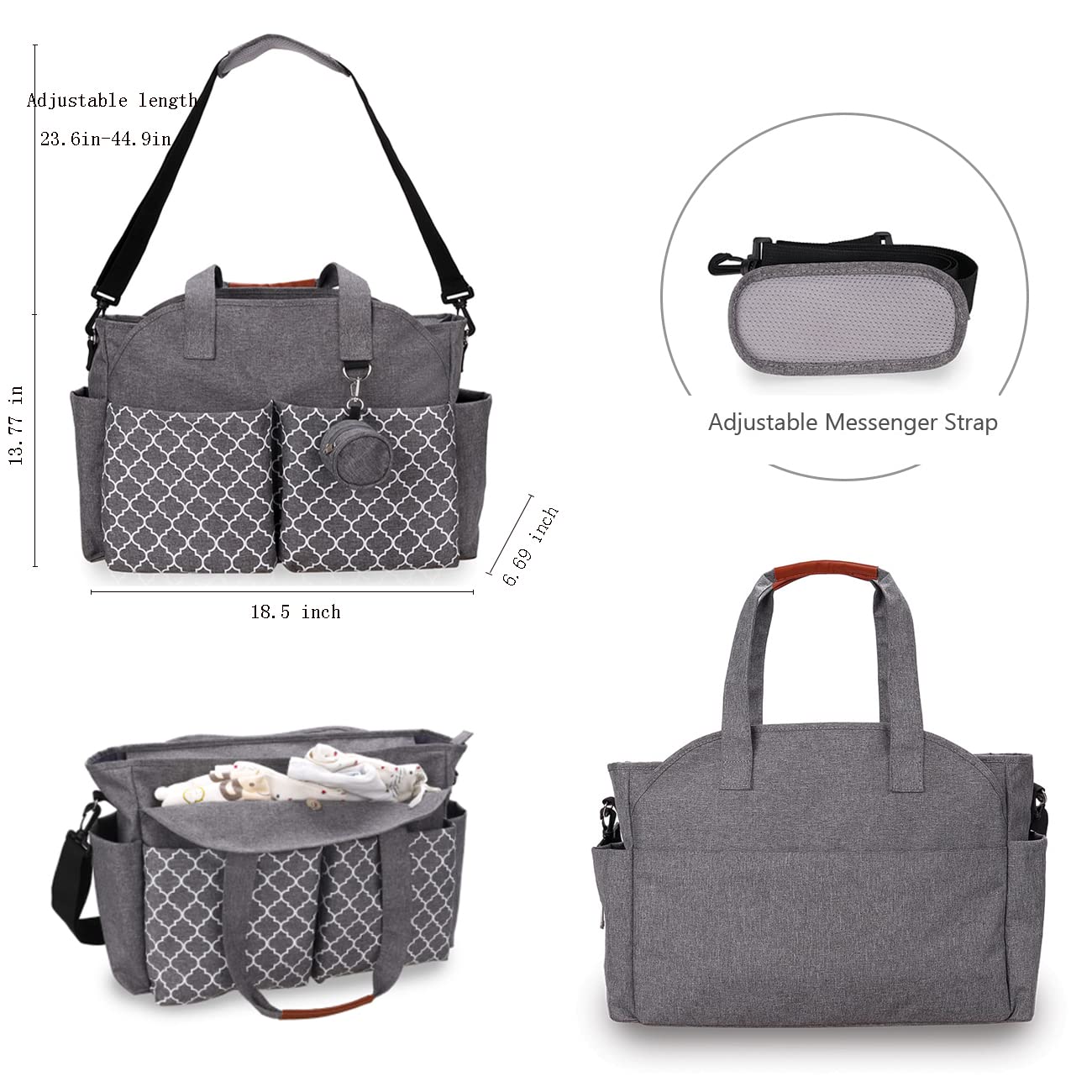 Diaper Bag Tote With Changing Station Upgrade Multi-Function Baby Bag With Adjustable Shoulder Strap Insulated Pockets (Gray)