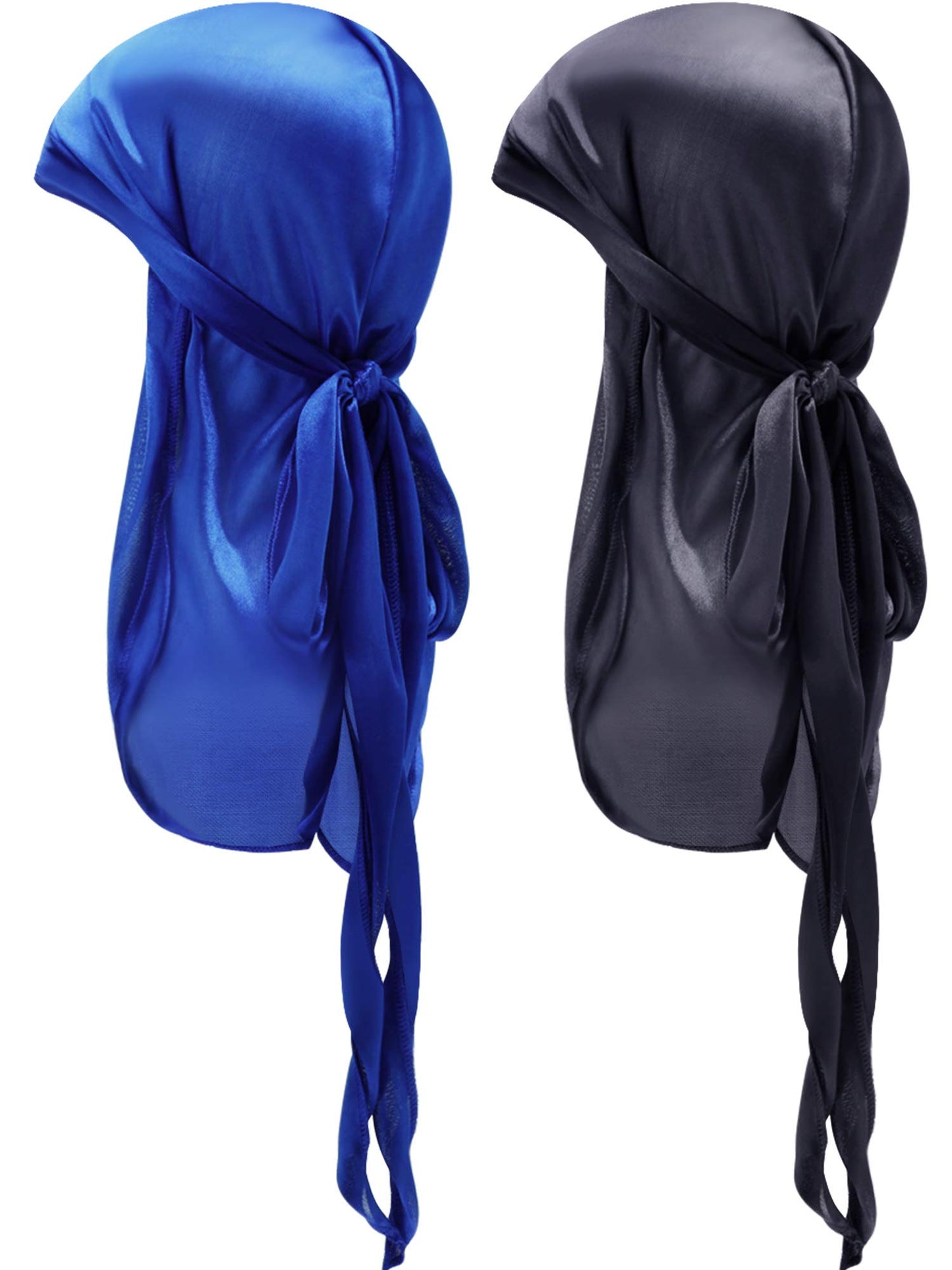 2 Pieces Silky Satin Baby Durags Kids Satin Durag Caps Headwraps with Long Tail and Wide Straps for 360 Waves (Black, Royal Blue