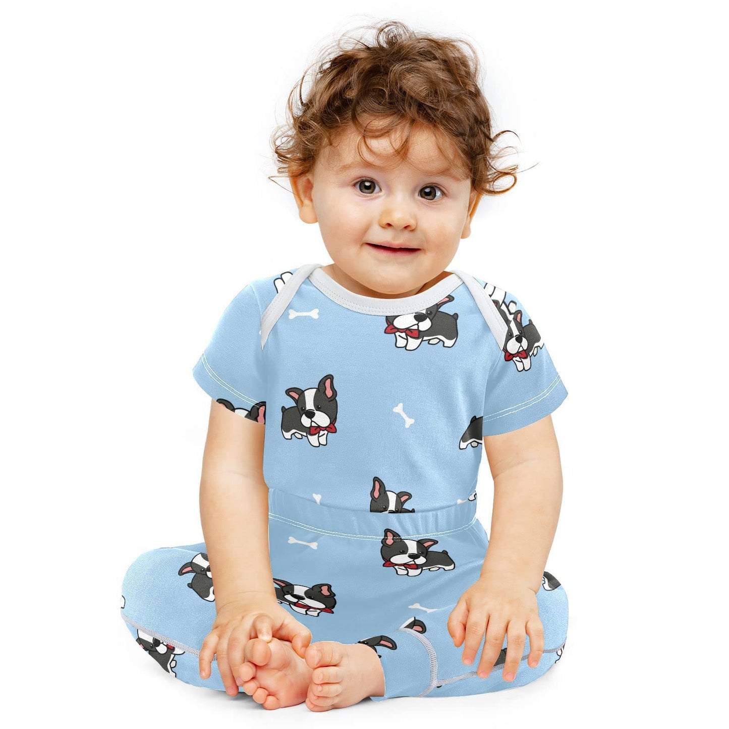 Vvfelixl Baby Bodysuits Pants Sets Boston Terrier Dog Short Sleeve Baby Clothes For Boys Girls 3-6 Months Puppy Blue