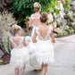 2Bunnies Girl Beaded Peony Lace Back A-Line Tiered Tutu Tulle Flower Girl Dress (White Short Sleeveless, 2T)