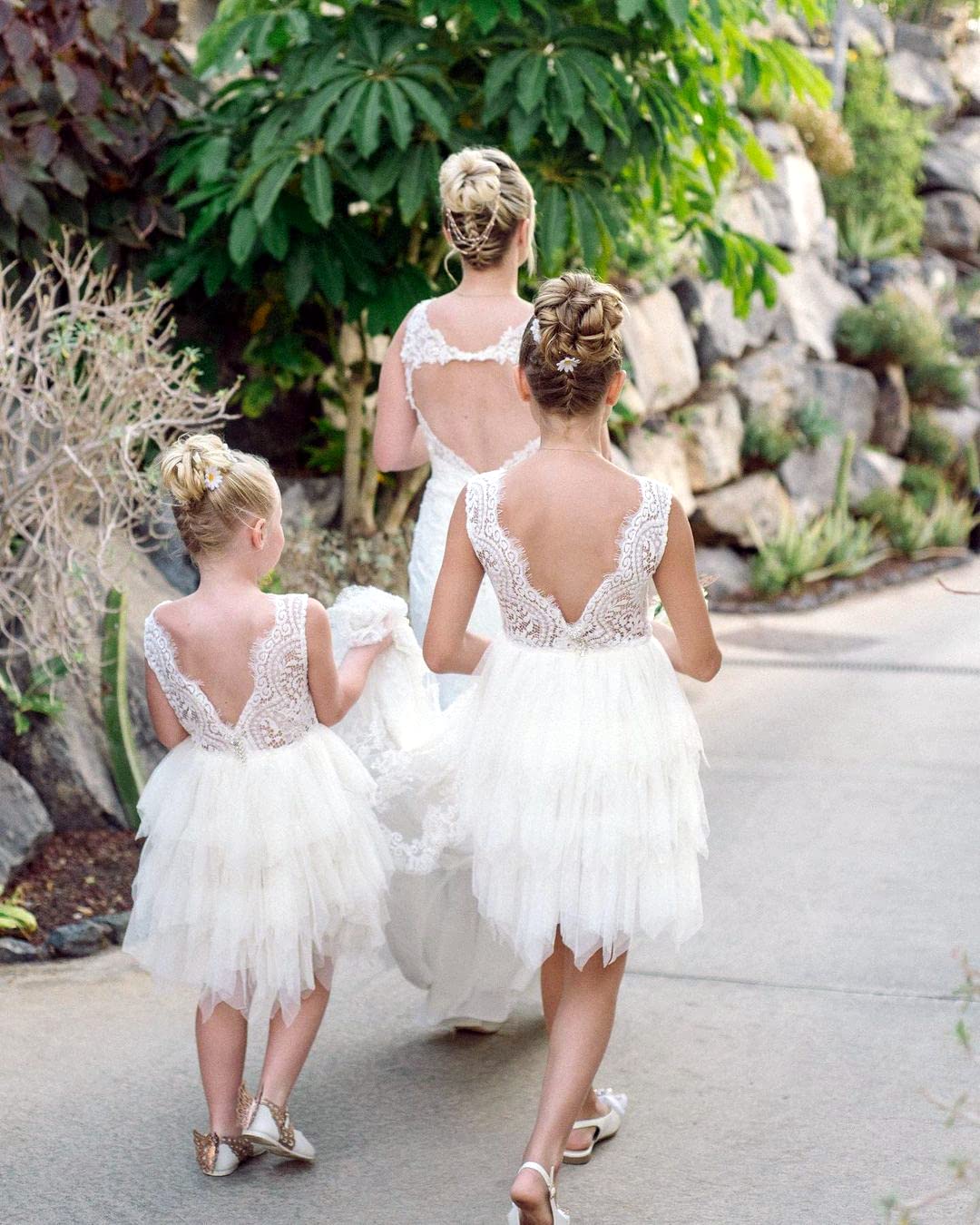 2Bunnies Girl Beaded Peony Lace Back A-Line Tiered Tutu Tulle Flower Girl Dress (White Short Sleeveless, 2T)