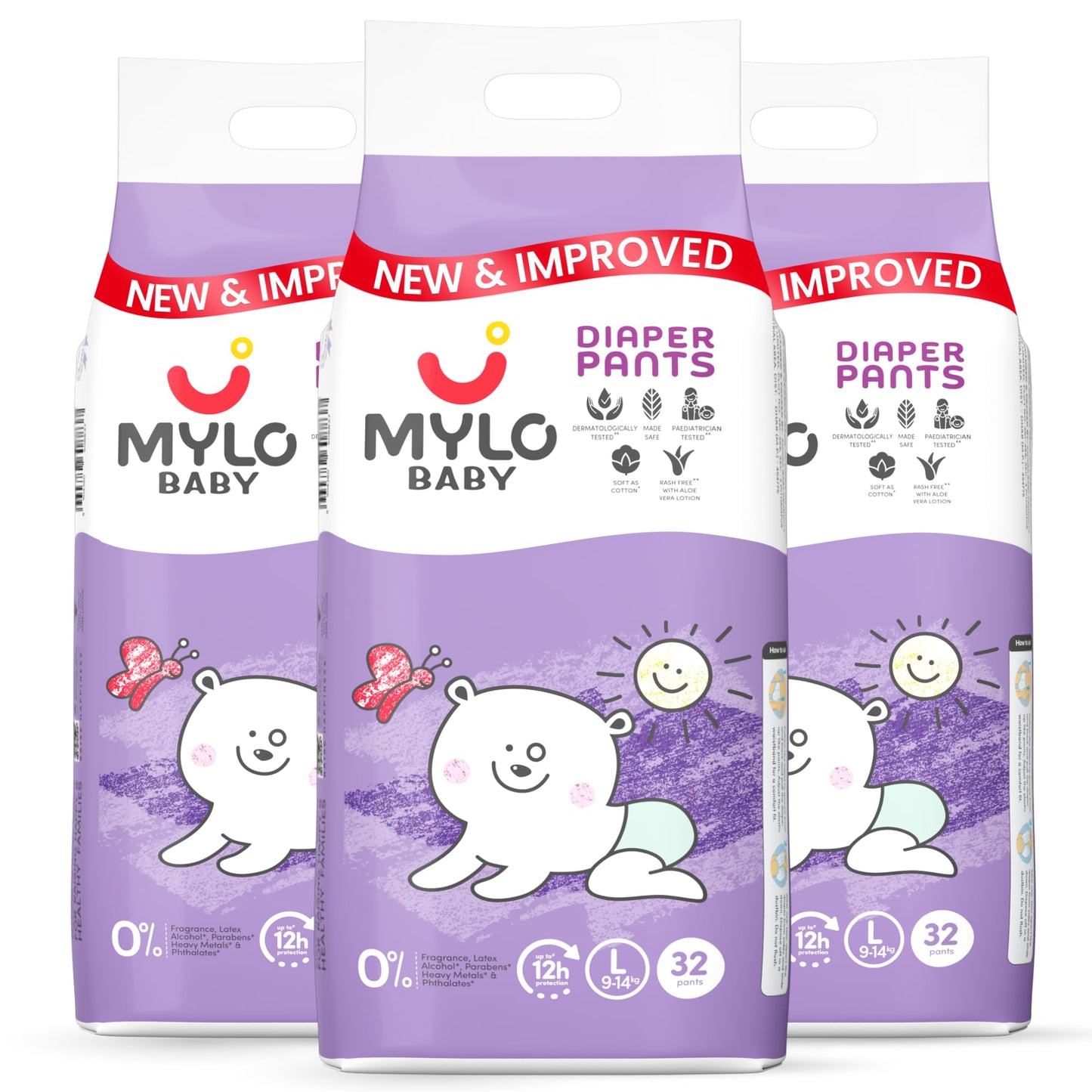 Mylo Baby Diaper Pants Large (L) Size 914 Kgs (96 Count) Leak Proof | Lightweight | Rash Free | Upto 12 Hours Protection | Adl 
