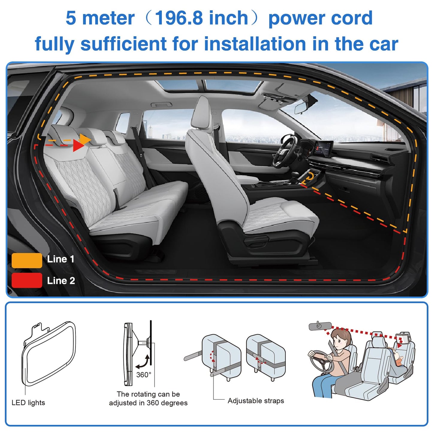 Smart Baby Car Mirror With Lights, Voice Control Safety Car Seat Mirror For Baby Rear Facing Infant With Wide Crystal Clear View