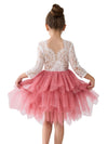 2Bunnies Girl Peony Lace Back A-Line Tiered Tutu Tulle Flower Girl Dress (Dusty Rose Sleeve Short, 4T)