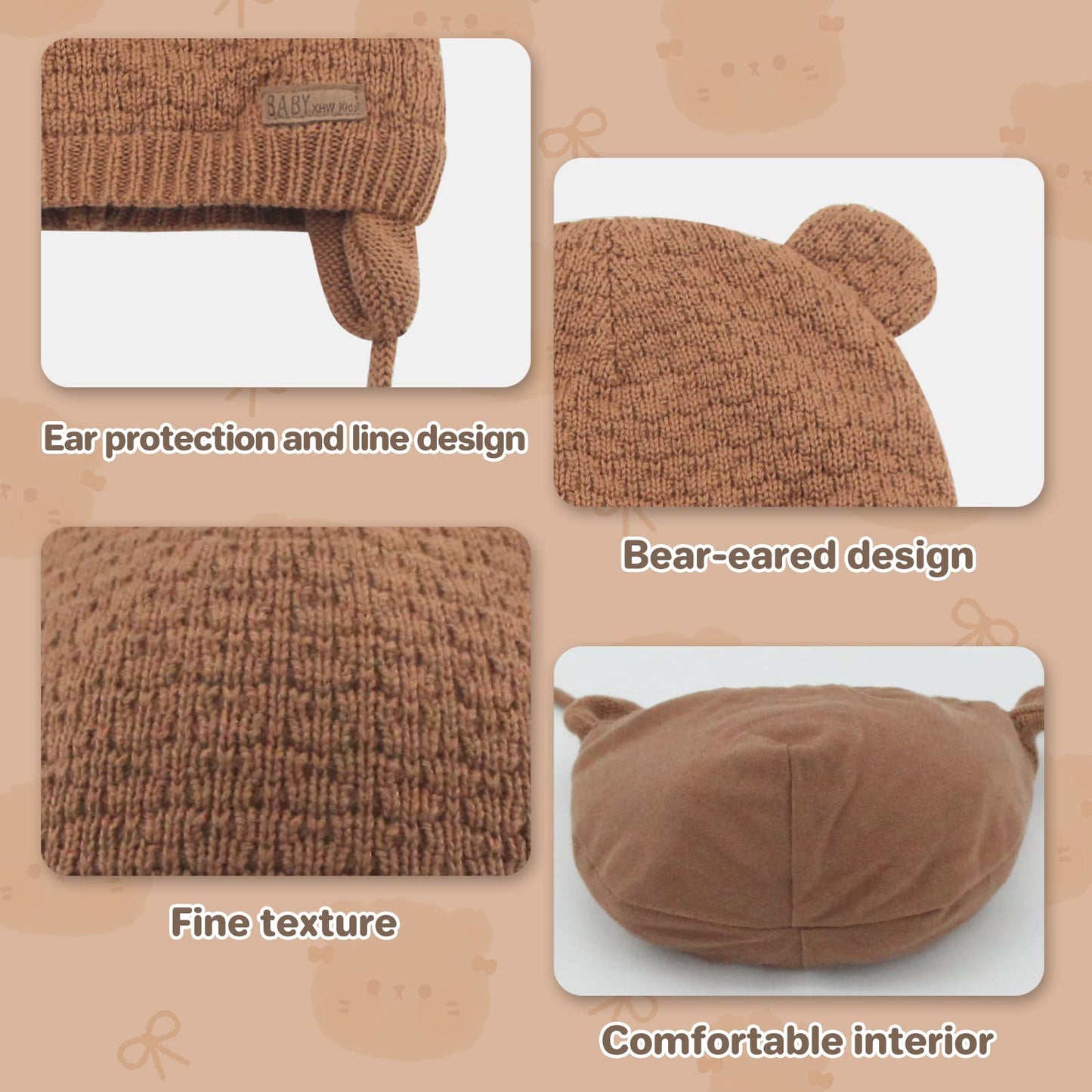 Duoyeree Kids Baby Hat Soft Warm Cable Knit Beanie Toddler Girl Fall Winter Hats(Net-Brown,12-18 Months)