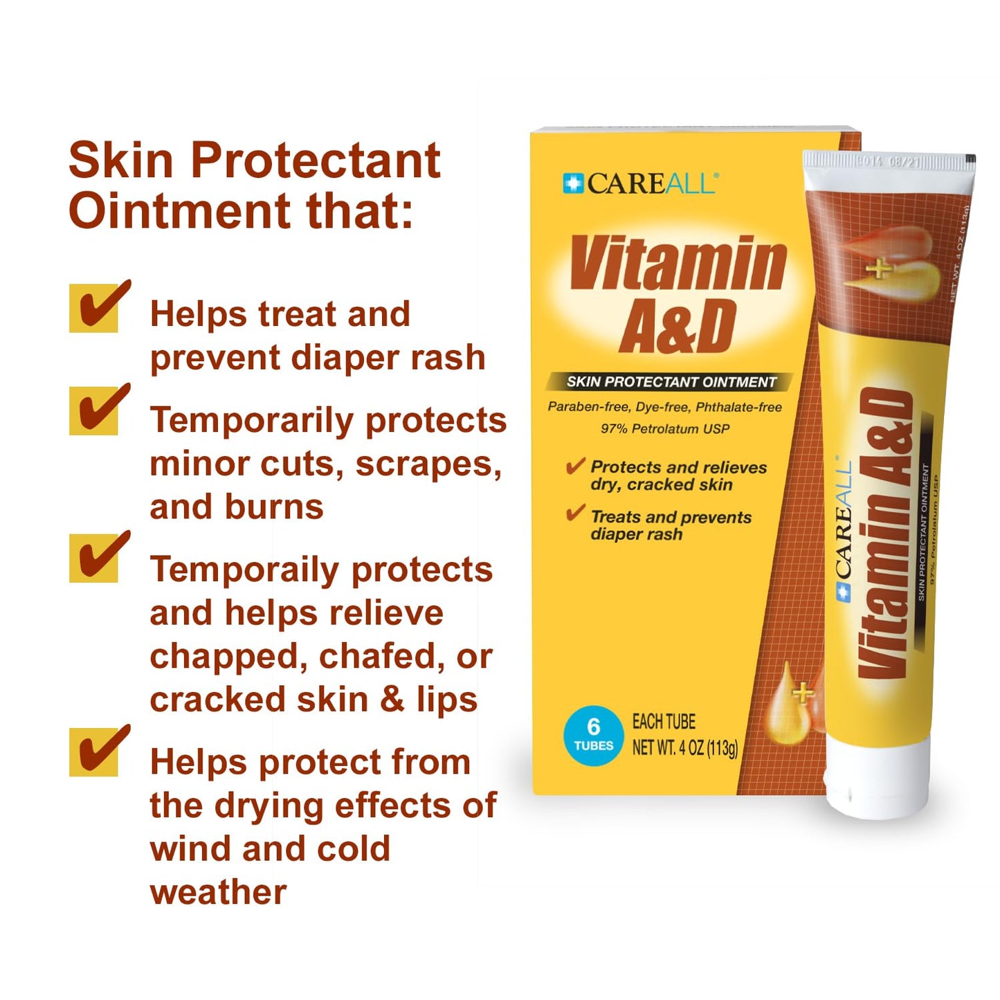 Careall (6 Tubes) 4Oz Vitamin A&D Ointment Treats And Prevents Diaper Rash, Seals Out Wetness. Protects And Relieves Dry Cracked