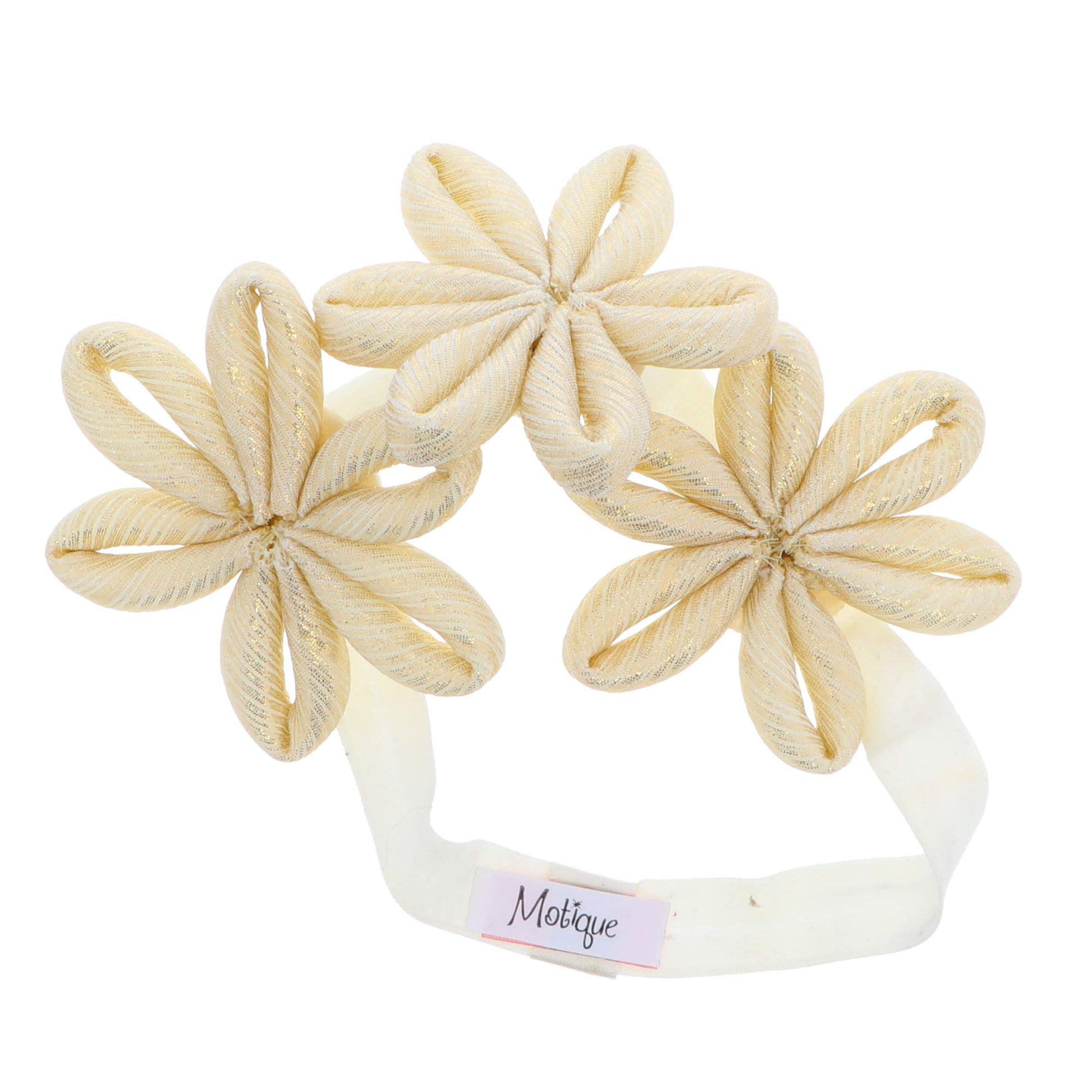 Baby Girl Headband With Three Lurex Tube Flowers- Ivory
