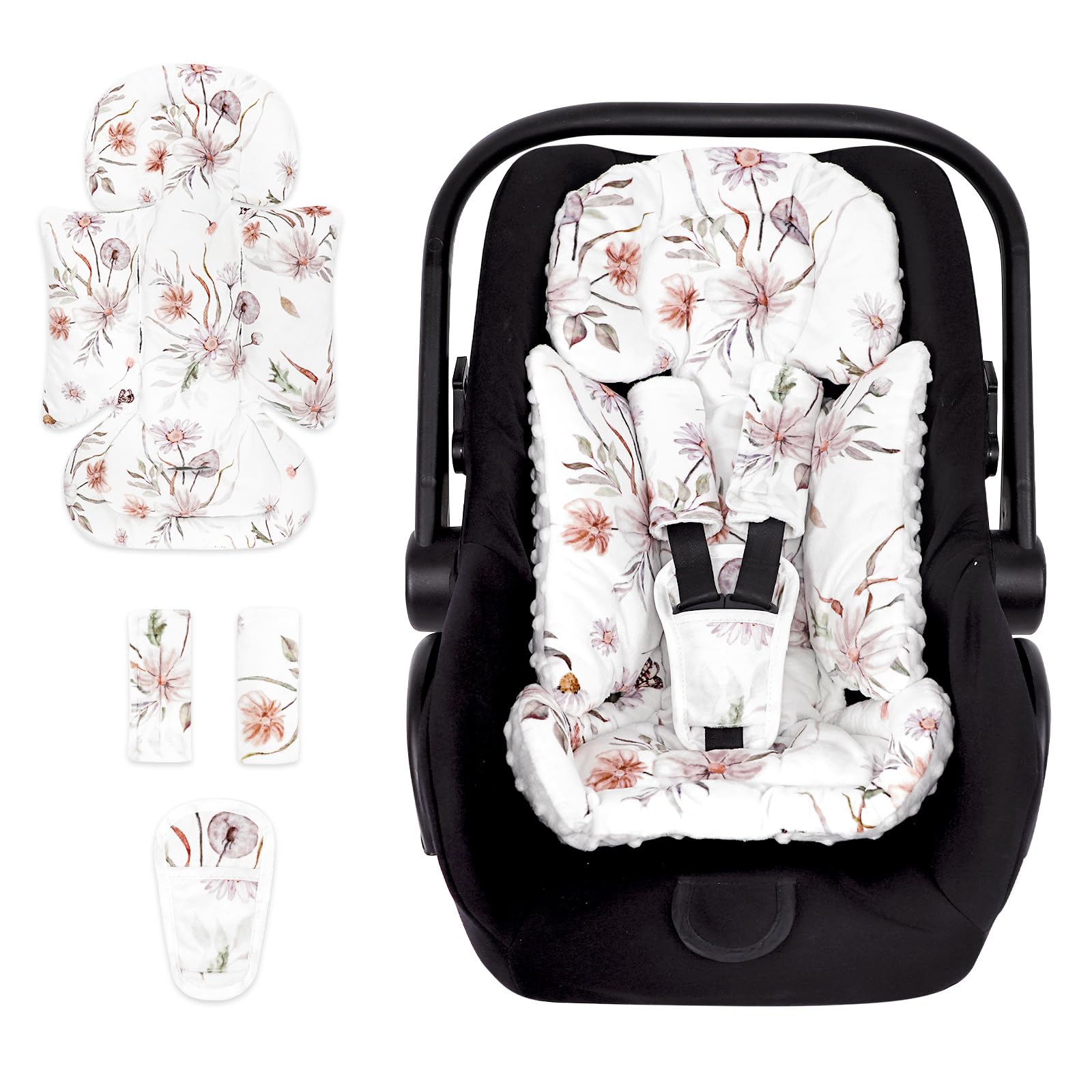 CARUILI Infant Car Seat Insert and Strap Covers, Very Soft Car Seat Head Support Baby Girl Boy, Reversible Newborn Carseat Inser