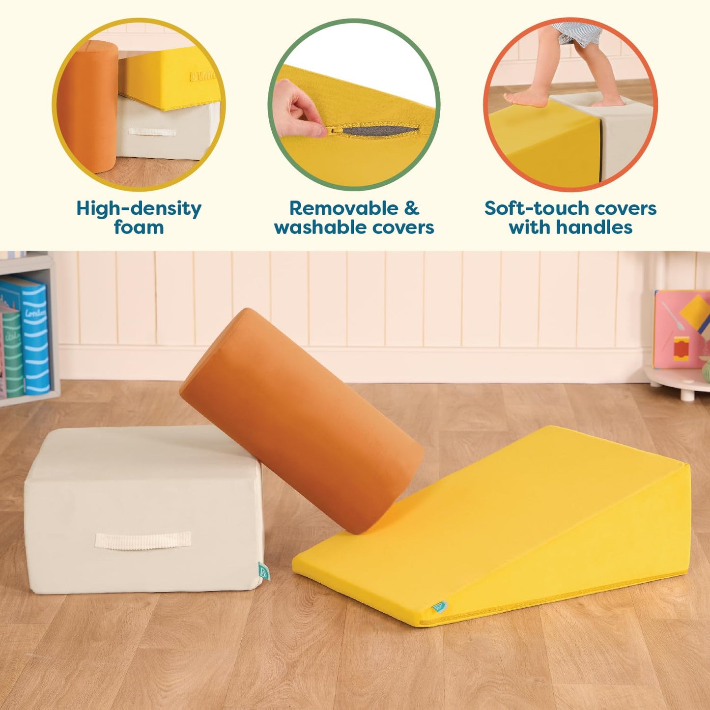 B. Toys - Sensory Foam Shapes - 3Pc Foam Building Set - Cylinder, Ramp, Block - Removable & Machine-Washable Covers - 12 Months