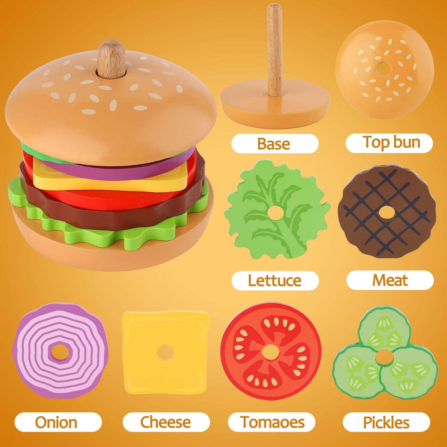 Aizweb Montessori, Stacking Toys- Wooden Burger for 3 Year Old Toddlers and Kids Preschool, Fine Motor Skill Educational Learnin