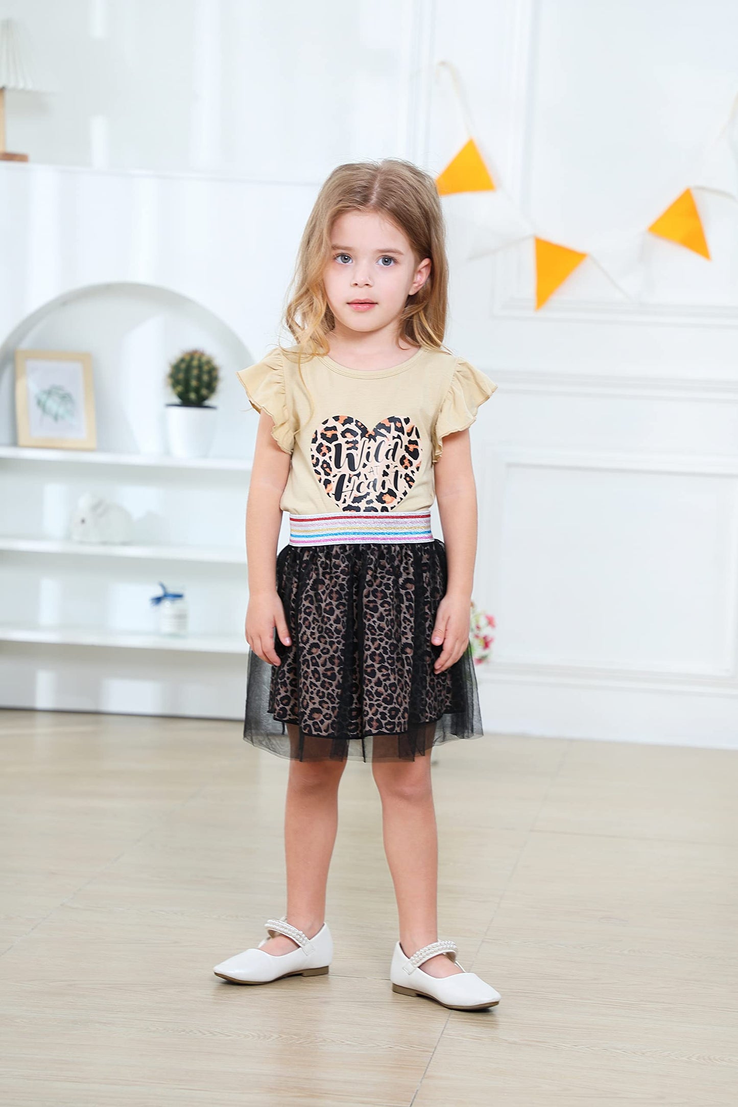 Retsugo Toddler Girl Heart Skirt Set Flutter Sleeve Heart Print Shirt Leopard Dresses Tulle Tutu Dress Kids Valentines Day Outfi