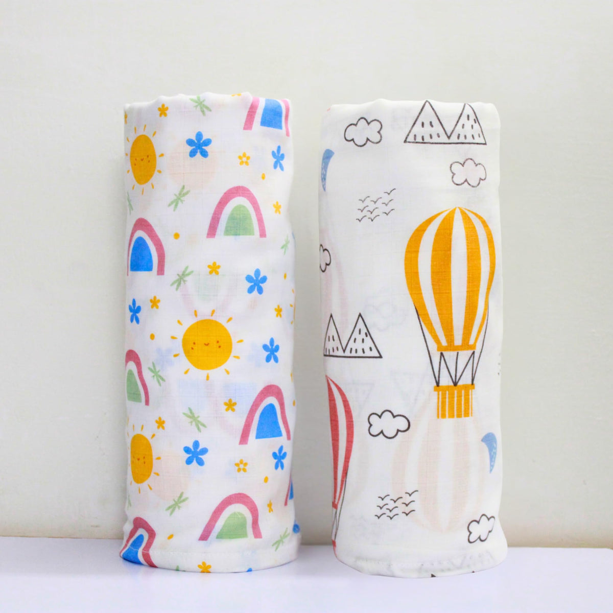 BIGMOON 100% Cotton Muslin Cloth for Baby Towel/Swaddle Pack of 2, 100x100 cm (39 x 39), Rainbow & Parachute Printed on White,