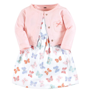 Hudson Baby Baby Girls Cotton And Cardigan Set Casual Dress, Pastel Butterfly, 3T Us