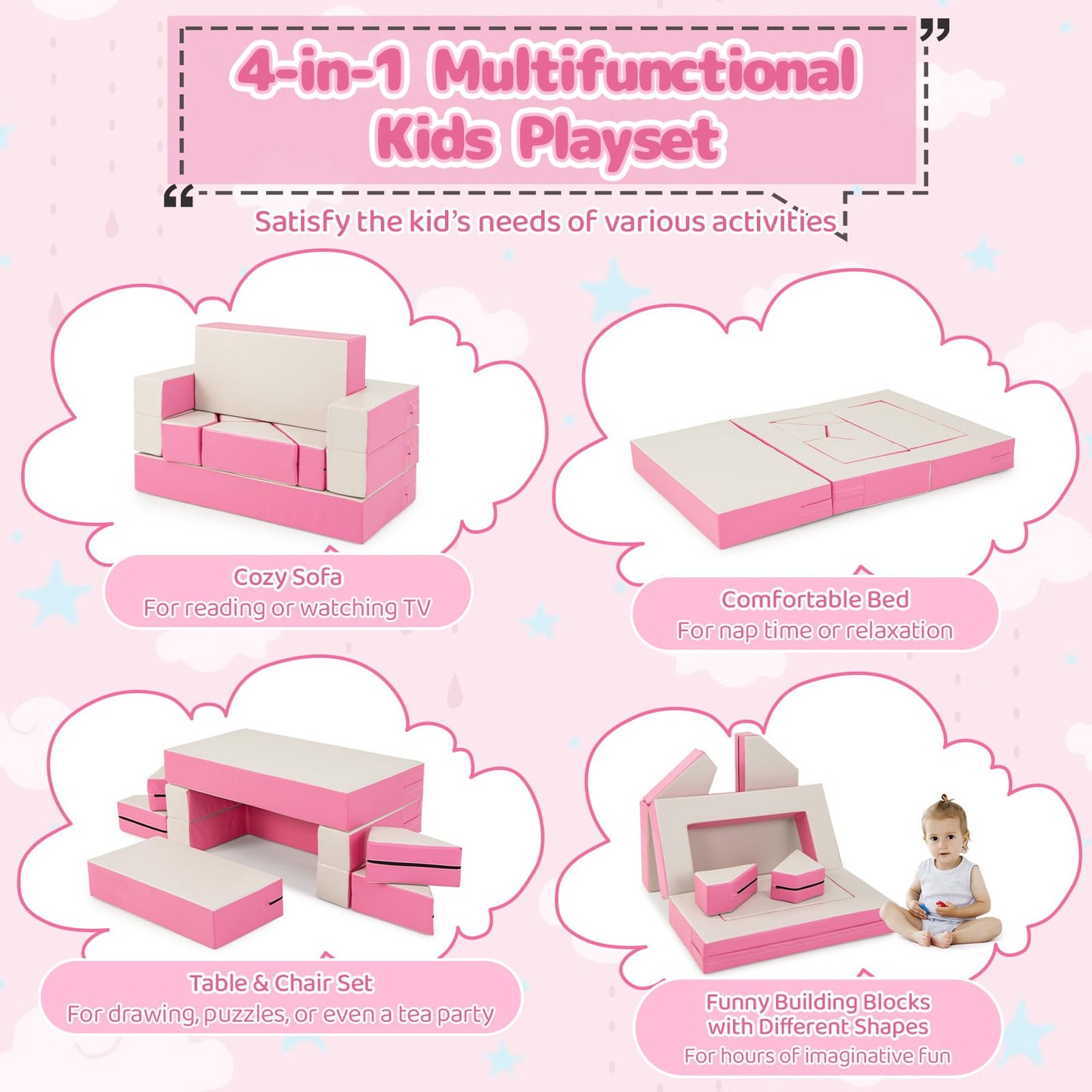 Costzon Climb And Crawl Foam Set, 4-In-1 Convertible Furniture Into Toddler Bed, Sofa, Table, Activity Play Blocks, 8-Piece Ligh