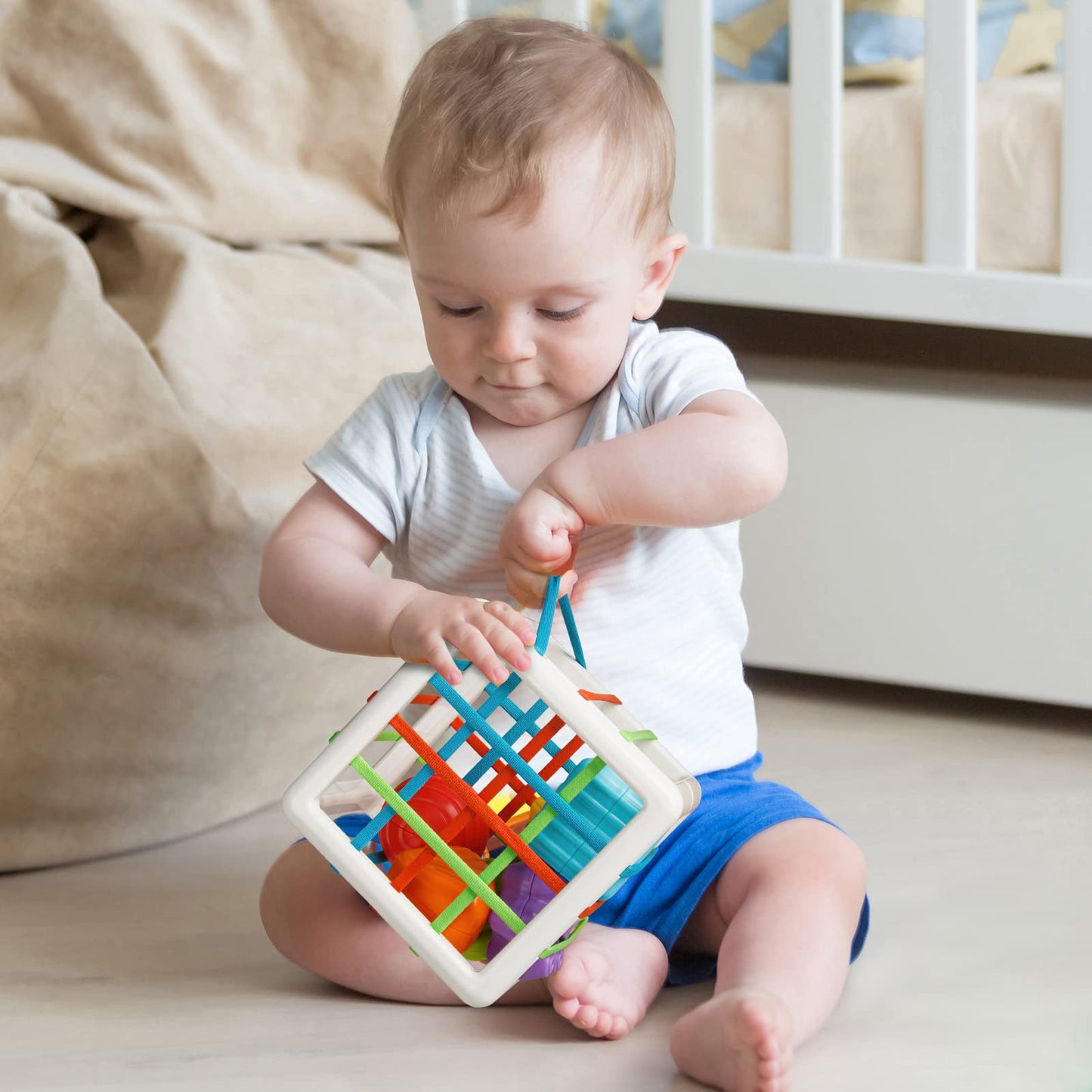 Aprilwolf Montessori Toys for 1 Year Old, Cube Bin & 6 Sensory Shape Blocks, Baby Toys 12-18 Months, Developmental Infant Birthd