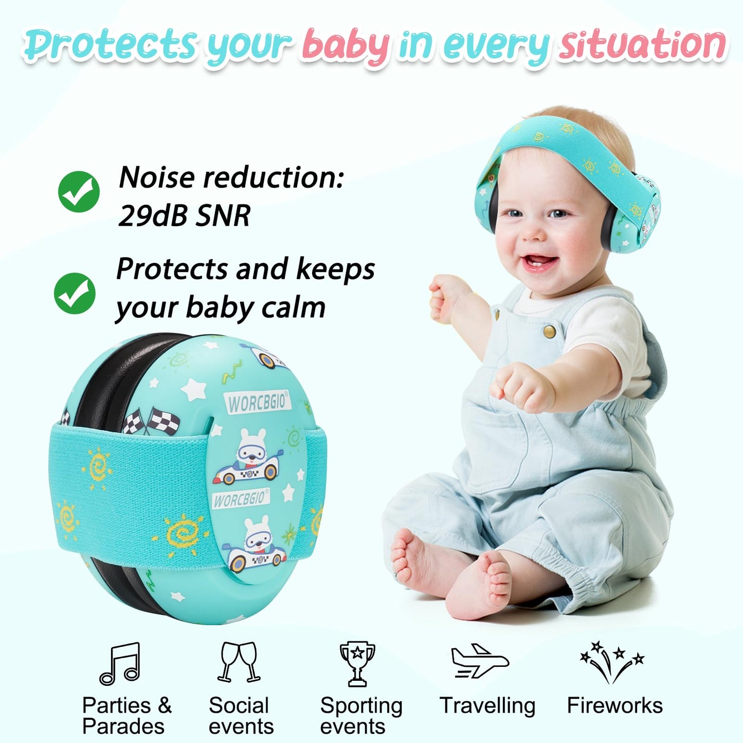 Worcbgio Infant Ear Protection Noise Cancelling Baby Ear Muffs, Toddler Hearing Protection With Adjustable Elastic Headband,Race