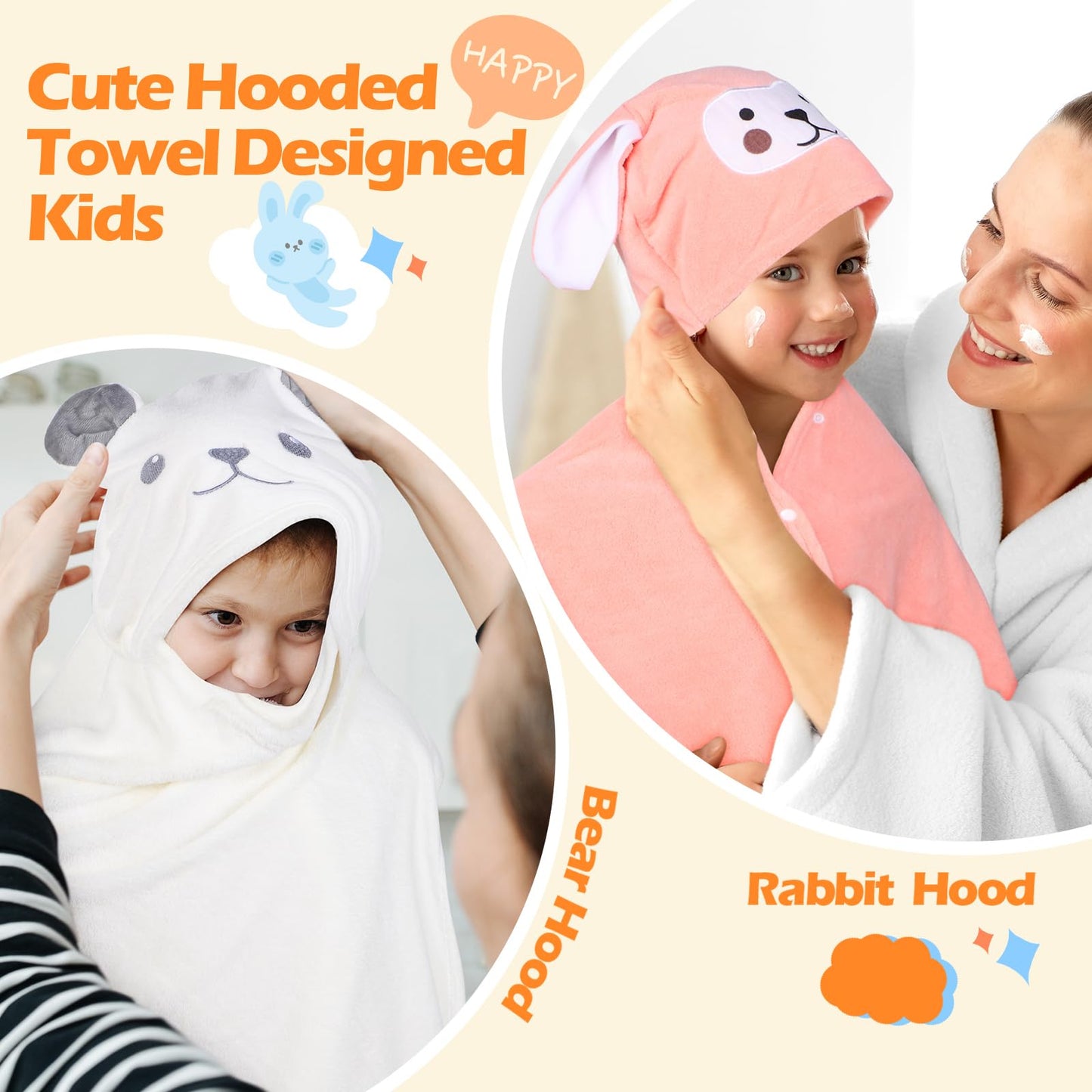 Preboun 2 Pcs Kid Hooded Bath Towel Toddler Towel 27.5 X 55'' Large Hooded Towel For Kids 3-10 Yrs Wrap Bathrobe Boy Girl(White,